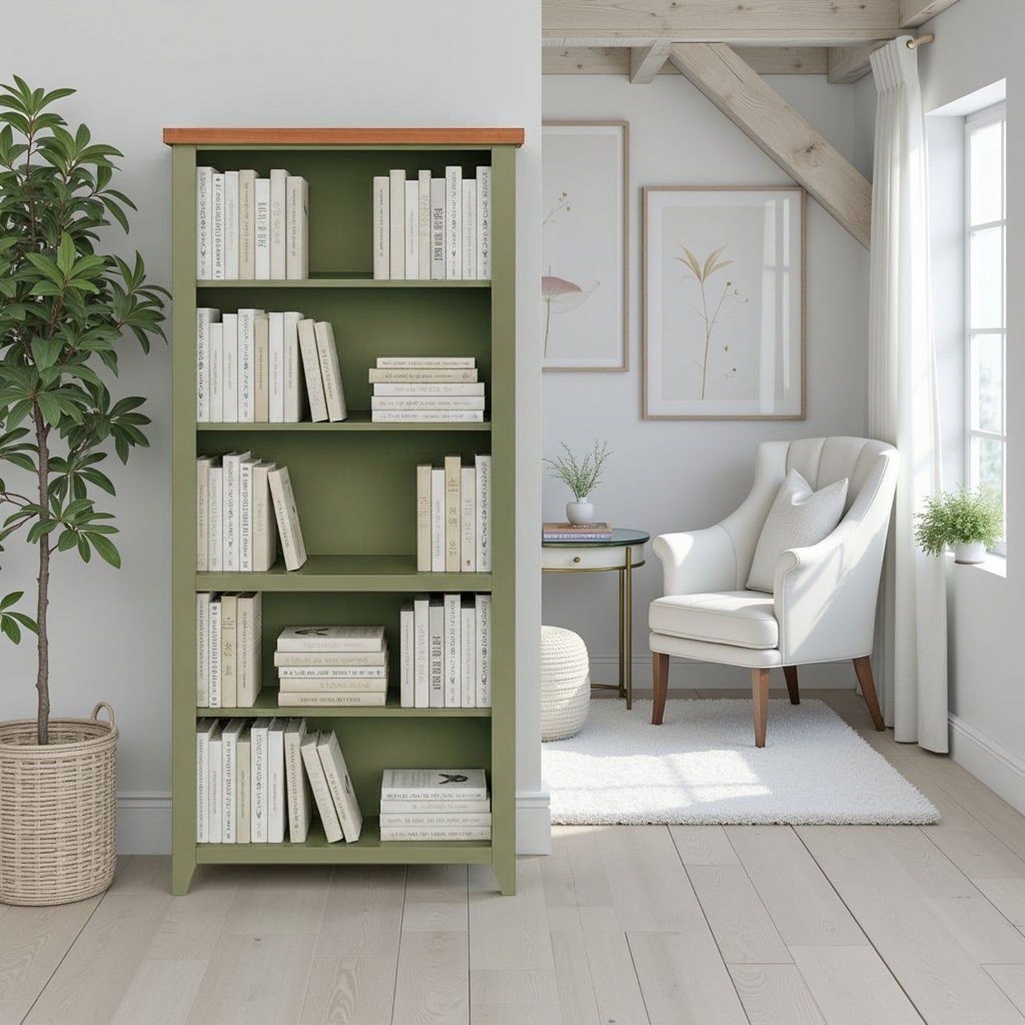 72" High 5 Shelf Bookcase - Sage Green And Fruitwood