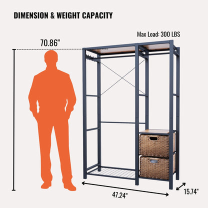Garment Rack With Shelves, 2 Wicker Drawers, 4 Hooks, Organizer