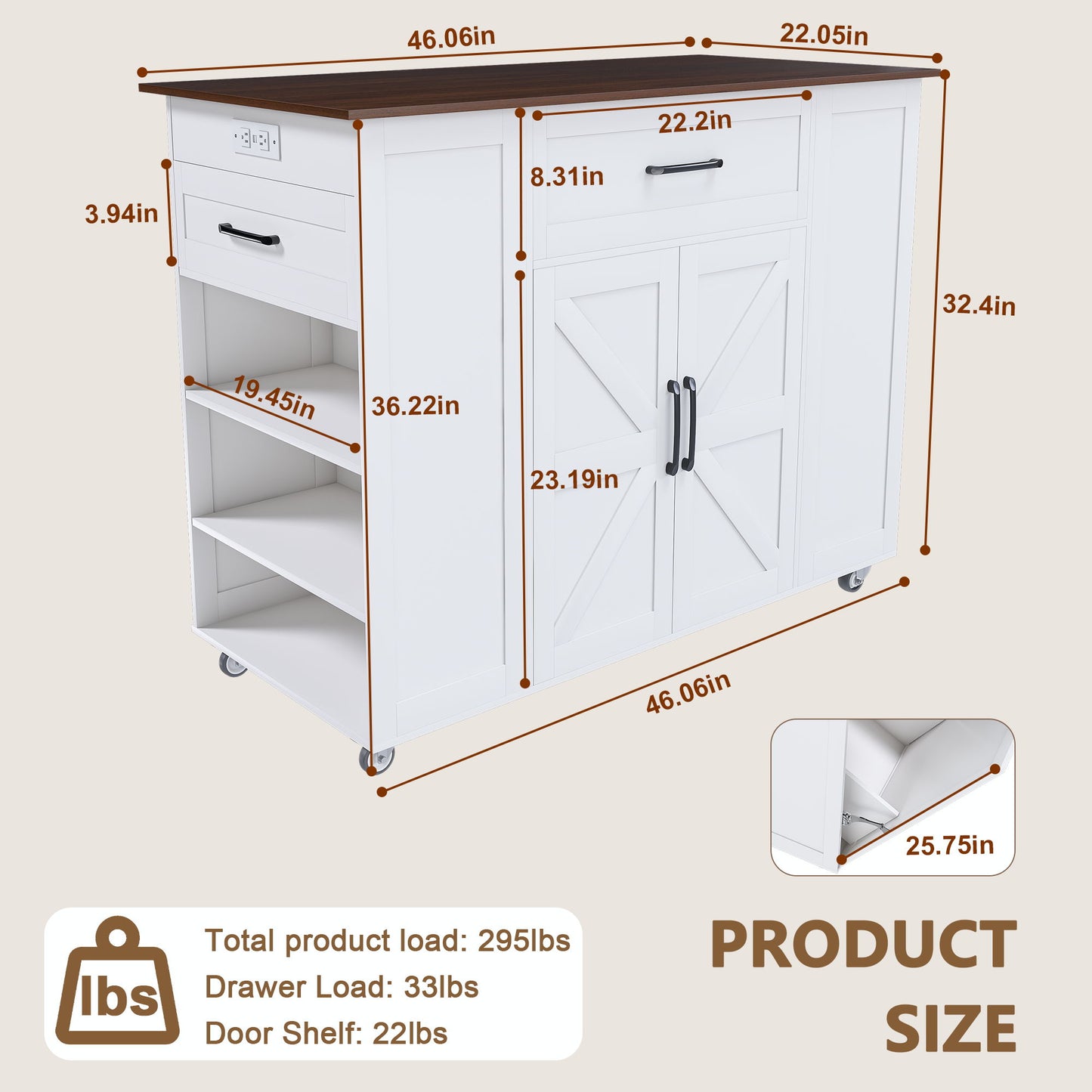 Rustic Movable Kitchen Island On Wheels With Storage & Power Outlet - White