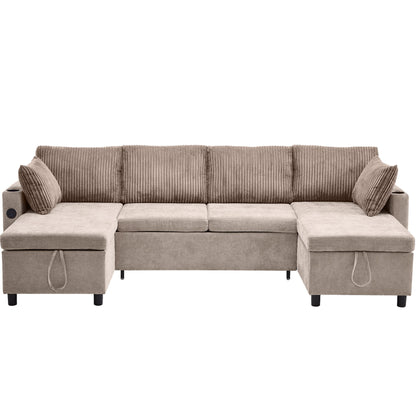 Sectional Sofa Bed With Pull Out Sleeper, USB Ports, Cup Holders
