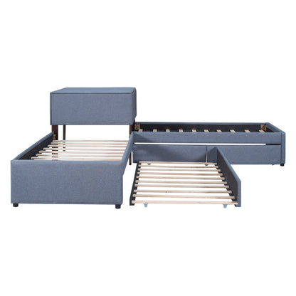 L Shaped Upholstered Platform Bed With Trundle And 2 Drawers Linked With Built In Desk