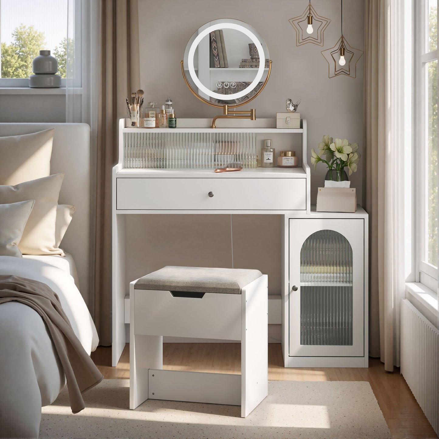 White Vanity Desk With 360° Rotated Mirror And Adjustable Lights, Girls Makeup Vanity Table With Storage Chair And Side Cabinet - Antique White