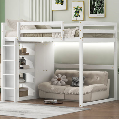 Loft Bed With Built In Wardrobe, Storage Shelves, And LED Light