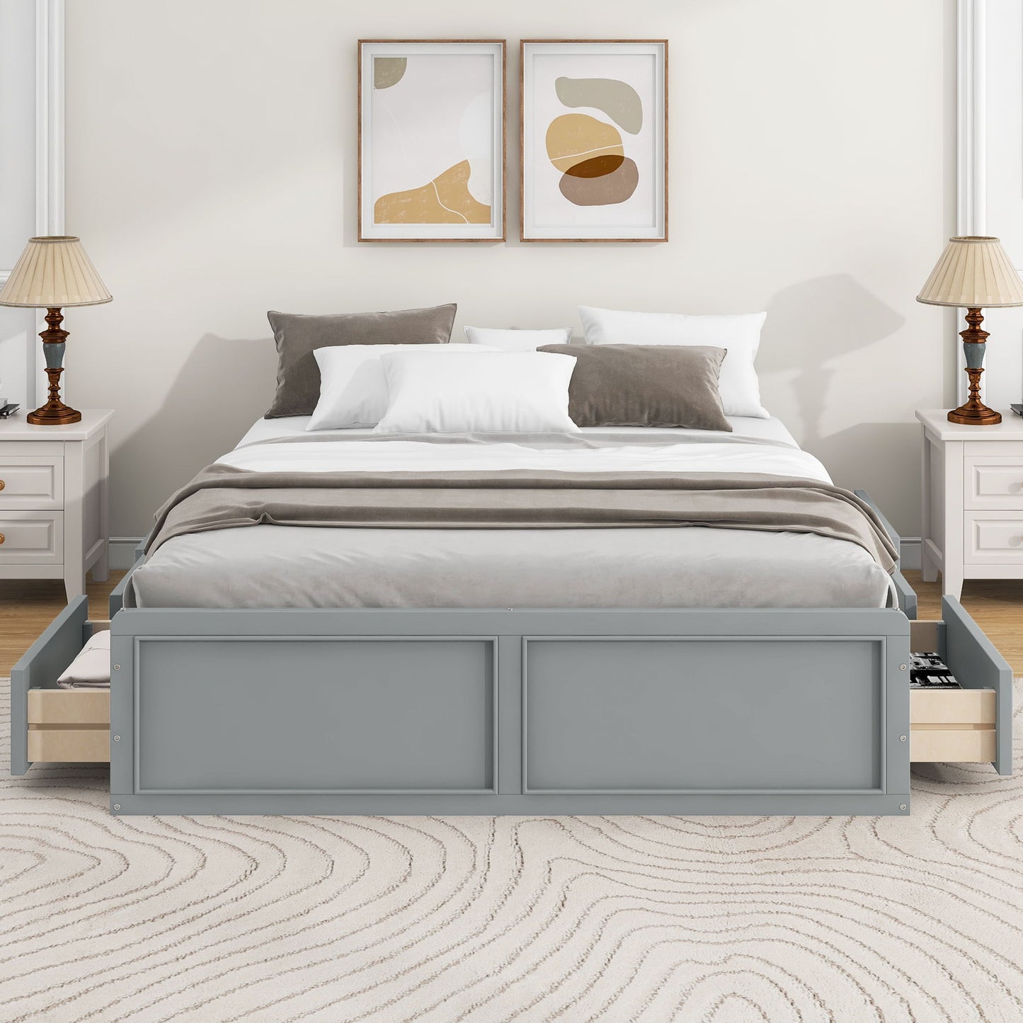 Queen Size Platform Bed Frame With 6 Drawers - Gray