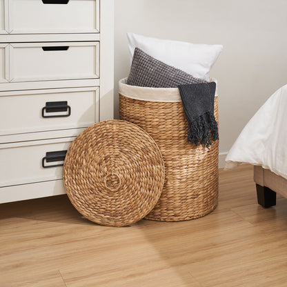 Round Tall Water Hyacinth Woven Wicker Laundry Hamper With Lid - For Clothes, Canvas, Toys And Book Storage With Removable Liner - 15" X 15" X 20" - Natural Brown
