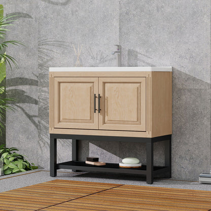 Modern Freestanding Bathroom Vanity With Ceramic Sink, Hot And Cold Faucet, Storage Cabinet & Open Shelf