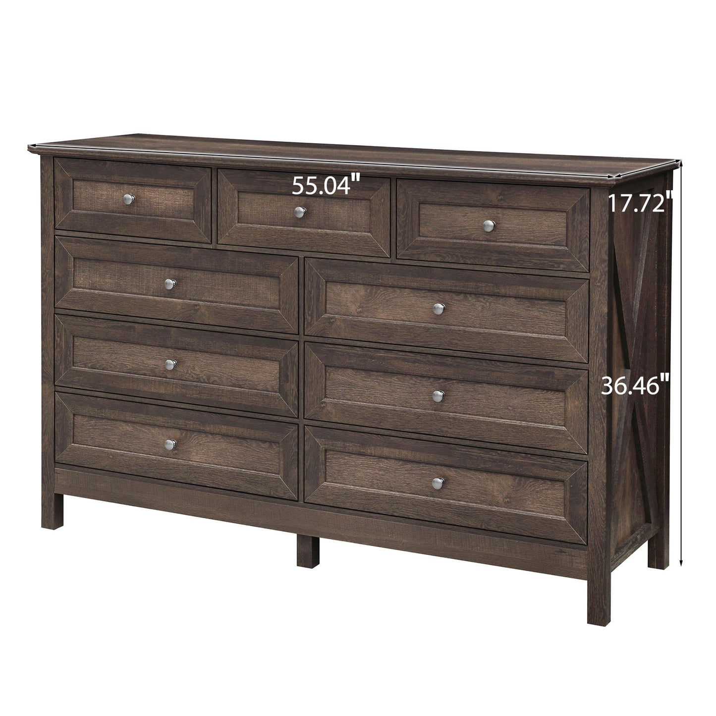 Rustic Storage Dresser With 9 Drawers And Silver Handle
