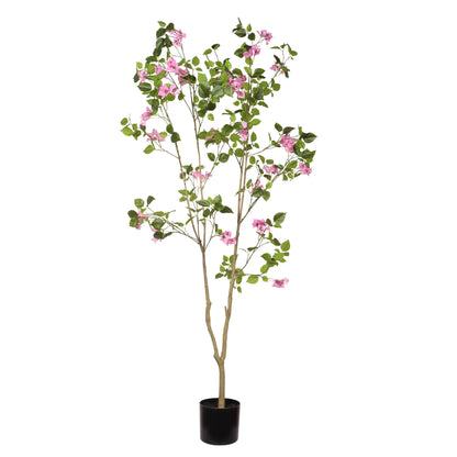 Artificial Bougainvillea Tree With Pot, Realistic Faux Flowering Plant Leaves And Blooms, Decor For Home Office - Green Leaves / Pink