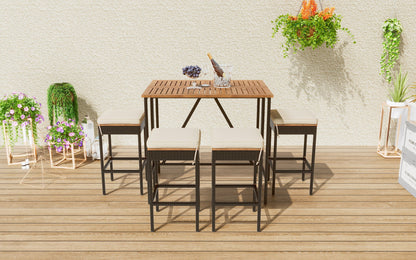 Outdoor Acacia Wood Bar Height Table And Eight Stools With Cushions